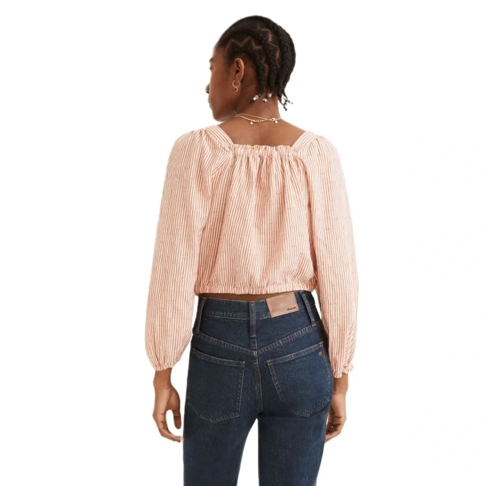 Madewell Puff Sleeve Button Front Cropped Embroidered Stripe Size Medium